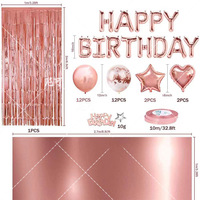 Kit de Décoration Joyeux Anniversaire Or Rose : Ballons, Nappe, Rideau à Franges, Vaisselle de Fête, Toile de Fond Photo