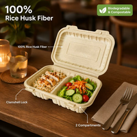 Boîte à lunch bento jetable à 2 compartiments en fibre de coque de riz biodégradable sans BPA, compatible micro-ondes, avec couvercle à clapet pour repas à emporter