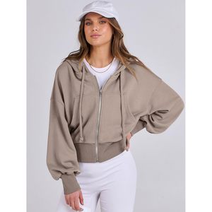FOXA Sweat à capuche court zippé pour femme, épaules tombantes, décontracté, confortable, respirant, en mélange de coton tricoté, tenue de mode automne - Product Image 2