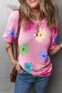 2024 Summer Casual Pink Textured Colorful Floral Print Puff Sleeve T Shirt
