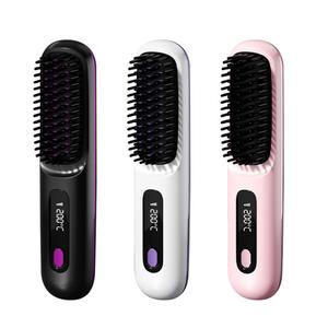 0728 Cordless 3000mah Portable Fast <b>Heated</b> Hair Brush Rechargeable Handheld Mini Straightener Hot Comb with Digital Display - Product Image 3