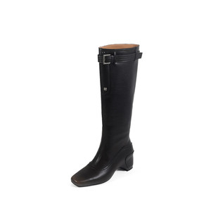 Botas Altas hasta la Rodilla de Cuero Genuino Negro, Color Sólido, Estilo Retro Casual, Hebilla de Cinturón, Tacón Cuadrado, Botas Vaqueras Modernas - Product Image 6