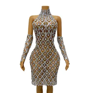 Big Stones High Neck Hollow Abend Transparente Stretch Kostüme Strass Handschuhe Outfit Geburtstag Shining Pailletten kleid