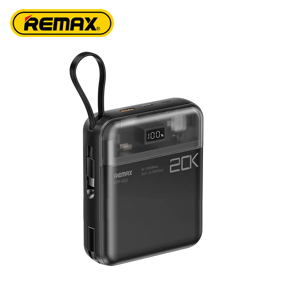 Remax Bank daya dengan 2 kabel pengisian cepat Pd 20W + Qc 22.5W Bank daya Rohs 20000Mah Rpp-603