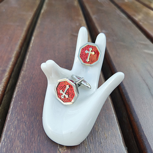 Cao đánh bóng hình bát giác hình dạng thép không gỉ Khuy măng sét chữ thập Đỏ Inlay Mens Cuff liên kết cho món quà đính hôn - Product Image 5