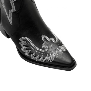 Bottes de cow-boy/cowgirl noires pour femmes, bout pointu, hauteur genou, style western rodeo, avec talon épais de 6 cm, toutes saisons, dessus en PU - Product Image 5