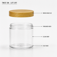 Pot de conservation alimentaire transparent en PET avec couvercle à vis anti-fuite, col à 56 dents, couvercle à motif bois par transfert d'eau, étiquette personnalisée avec impression UV