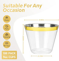 Gobelets en plastique transparent à bord doré de 9 oz avec logo personnalisé, gobelets jetables pour mariage, fête, gobelets à cocktail élégants réutilisables