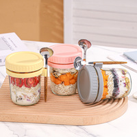 Pot en verre avec cuillère 350 ml – Récipient portable pour petit-déjeuner, tasse à yaourt avec cuillère pour flocons d'avoine, smoothies, flocons d'avoine de nuit, tasse à café