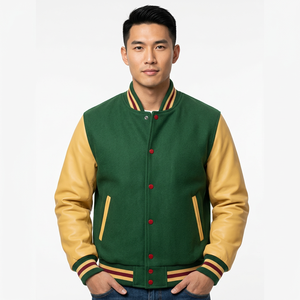 Chaqueta Varsity Verde y Amarilla para Hombre con Mangas de Cuero PU y Botones Rojos, Ropa Casual de Otoño - Product Image 3