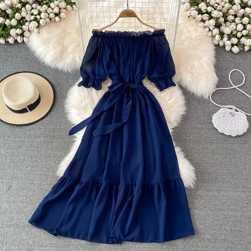 2022 Summer Free Size Lady Boho Blue Maxi Dress Sexy Off Shoulder Lace Up Sleeveless Ruffle Women Elegant Loose Long Beach Dress