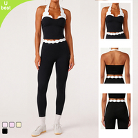 Ensemble d'entraînement 2 pièces personnalisé pour femme : Soutien-gorge dos nu à bord festonné et Legging taille haute à dos croisé, séchage rapide, color block, pour Yoga et Fitness