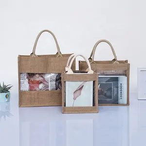 Großhandel Eco Natural Recycled Wasserdicht bedruckte Jute Sac kleinen Einkaufstasche mit PVC-Fenster