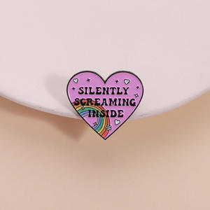 Al por mayor, Pin de solapa de metal esmaltado con diseño de meme emocional 'Silently Screaming Inside Heart' y arcoíris, para mochilas y ropa - Product Image 1