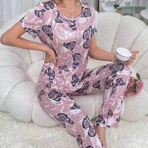 Trong Kho Đồ Ngủ Phù Hợp Với Phụ Nữ Ấm Cúng Thoáng Khí Ngắn Tay Áo Thiết Lập Với In Bướm Cho Mùa Hè Và Mùa Xuân Ngủ - Product Image 3