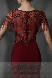 Ruolai PEV-L3138 Abito da Sera di Lusso con Maniche a Sbuffo e Frange, Stile <span class=keywords><strong>Sirena</strong></span> in Crepe per Feste e Cerimonie - Product Image 5