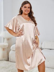 Plus Size Smooth <b>Satin</b> Nightdress Ruffle Elegant Sleeve V Neck Solid Sleepdress for Woman - Product Image 5