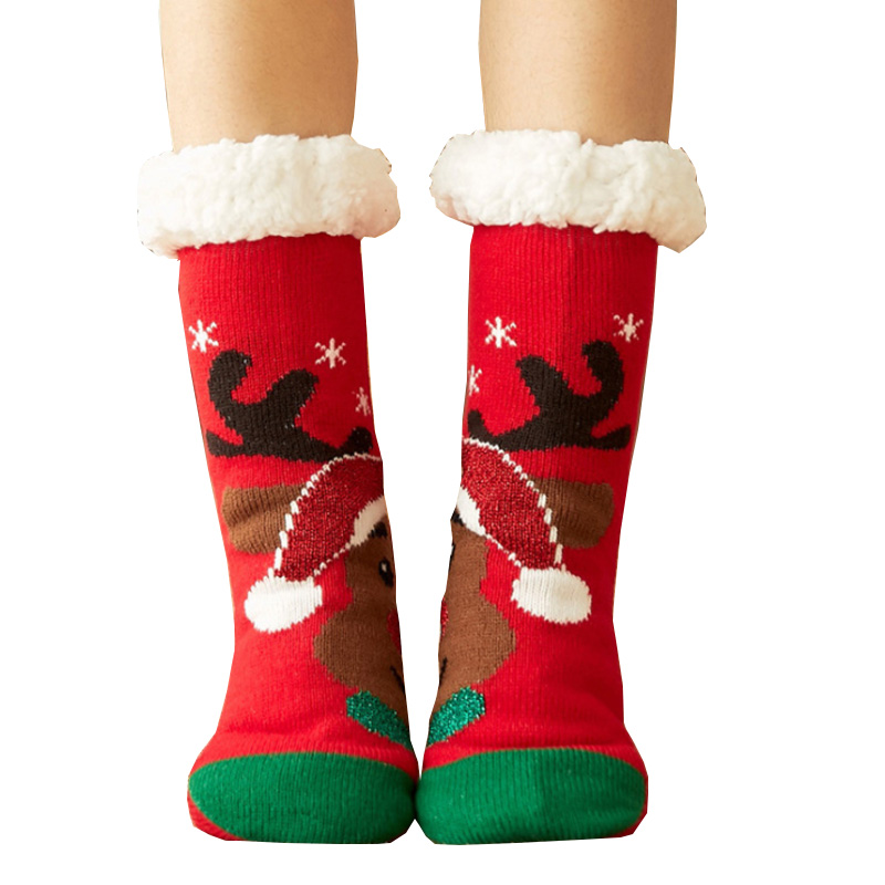Autumn Winter Women Slippers Home Socks Christmas Cartoon Elk Floor Socks Plush Velvet Non-slip Carpet Fluffy Warm Socks Autumn