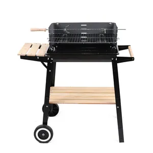 Black Rectangular Adjustable Barbecue Steel Charcoal Rotisserie BBQ Grill With Windshield Wheels For Outdoor Patio Garden