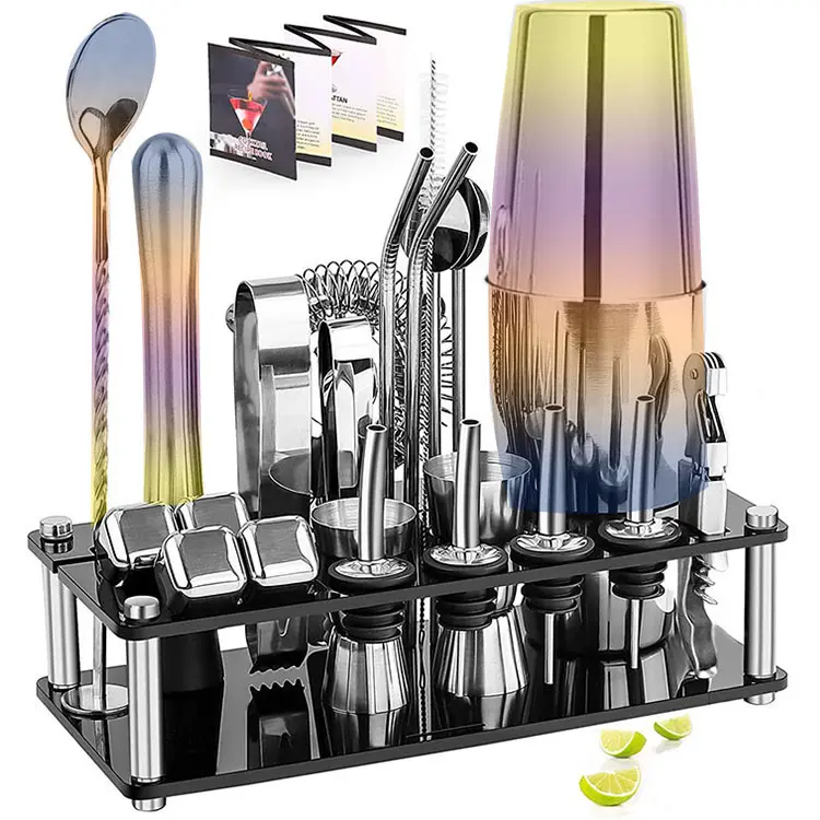 Factory Custom 23-teiliges Mischen Cocktail Shaker Bottle Bar Sets Edelstahl Bar Mixology Barkeeper Kit mit Kunststoffst änder