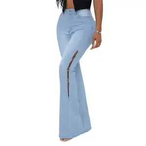 Denim Ladies Jeans With Chain On Side Flared Trousers High Waist Slim Ripped Stretchy Jeans Women Cargo Pants Street Wear