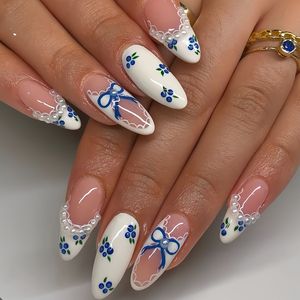 Uñas Postizas Hechas a Mano al por Mayor, Uñas Postizas Azules Francesas con Forma de Almendra <span class=keywords><strong>para</strong></span> Boda, Sets al por Mayor Hechos a Mano - Product Image 1