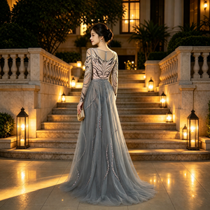 <span class=keywords><strong>Abito</strong></span> da sera a sirena <span class=keywords><strong>in</strong></span> <span class=keywords><strong>tulle</strong></span> grigio e rosa trasparente a maniche lunghe con gonna rosa incorporata, scintillante e con perline ondulate, per ballo di fine anno - Product Image 3