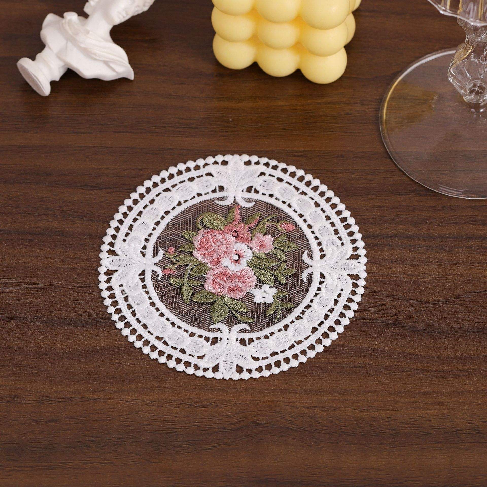 White round embroidered lace cushion 10cm