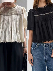 เสื้อเบลาส์ทรงตุ๊กตา แขนพอง แต่งลายดอกไม้ฉลุลายสไตล์วินเทจฝรั่งเศส คอทรงกลม ผ้าถัก เหมาะสำหรับงานปาร์ตี้ฤดูร้อน - Product Image 3