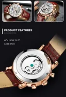 Montres mécaniques automatiques KINYUED J026, cadran blanc, diamants, bracelet en cuir véritable, squelette, phase lunaire, montre pour homme