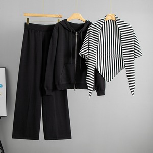Conjunto de tres piezas de poliéster elegante de secado rápido para mujer: suéter de punto con capucha y cremallera, chal y pantalones de pierna ancha, color liso, adelgazante, para otoño. - Product Image 5