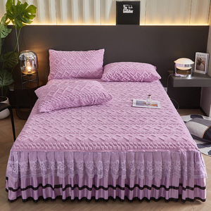 Ensemble de jupe de lit en taffetas épais avec dentelle, pour lit simple, garnissage en polyester, style uni, couleur unie, pour la maison - Product Image 2