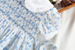 Robes d'été smockées pour filles, motif floral, robe bébé bleu ciel, vêtements décontractés vintage pour enfants, vente en gros, B114313 - Product Image 4