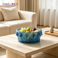 Glazen fruitschaal met leeuwenkop, blauwe ombre reliëf, gegraveerd, decoratief, voor de woonkamer