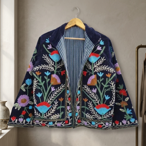 Chaqueta Unisex Vintage Hecha a Mano con Bordado Floral, Reversible, de Terciopelo Azul Marino para Otoño/Invierno, con Forro de Algodón a Rayas y Frente Abierto, Estilo Suzani - Product Image 3
