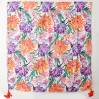 Nouveau design, écharpe imprimée florale rose tropicale de haute qualité avec pompons faits à la main, châle d'extérieur en coton à franges pour la plage estivale