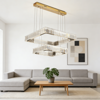 Lustre carré à double couche en cristal, finition dorée, luminaire suspendu LED avec hauteur réglable pour salon, restaurant, hôtel