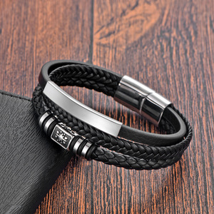 Men's Antique Symbol Bar <b>Bracelet</b> | Braided Genuine <b>Leather</b> With Magnetic Clasp & Stainless Steel Accents | Stylish Gift for Him - Product Image 3