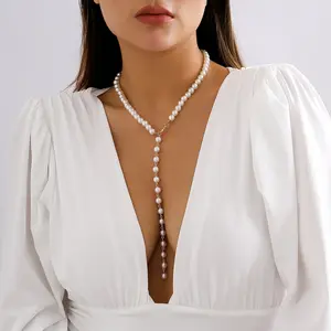 European And American Jewelry Pearl Necklace Stainless Steel Retro Pearl Chain Beaded White Pearl Long Necklaces