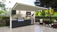Îlots de cuisine extérieurs modulaires écologiques portables en acier inoxydable, barbecue au charbon de bois et au gaz