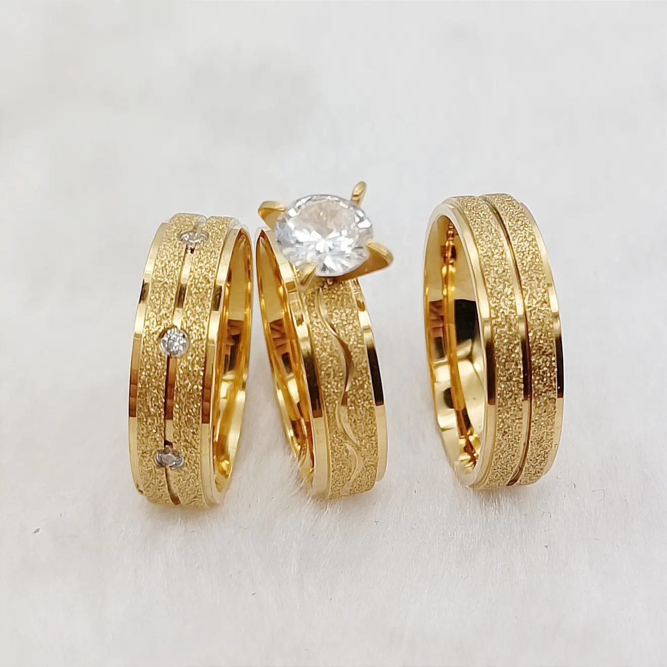2024 Cz berlian 3 buah set cincin pertunangan pernikahan komitmen untuk pria dan wanita 24k cincin perhiasan berlapis emas