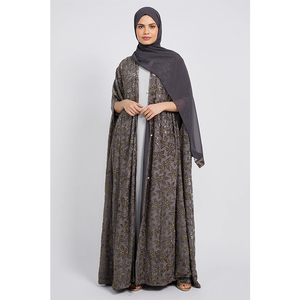 LEDUO Customized Elegant Luxury Women Eid Embroidered <b>Sequin</b> Floral Grey Open Style Abaya - Product Image 1