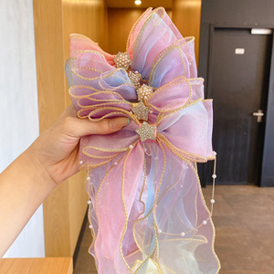 Jepit rambut jala manis klip pita untuk anak perempuan hiasan kepala kupu-kupu berlian mutiara Aksesori Organza untuk Aksesori pesta anak-anak - Product Image 1