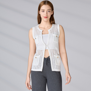 Gilet cardigan sans manches ajouré en maille anti-boulochage 100 % coton pour femme, idéal pour l'été - Product Image 3