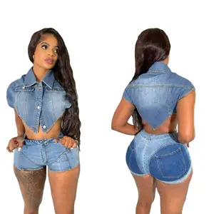 Women's Jeans Denim 2 Piece Set Trendy Streetwear Two Piece Jean Sets Denim Top and Short for Women Ladies Jeans Shorts Set