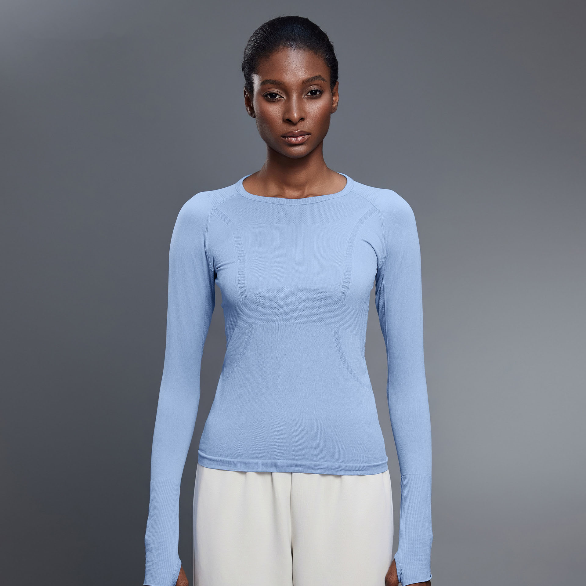Skin Friendly Nude Feeling Yoga Round Neck Thumb Holes Top Running Fitness Long Sleeve Top Sportswear Yoga Clothes for Ladies