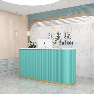 Comptoir de réception moderne en acrylique blanc brillant avec finition métallique et éclairage LED pour clinique, spa, hôtel, boutique de détail - Product Image 3