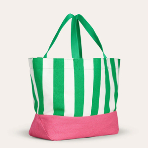 Bolso de hombro para mujer, venta al por mayor, bolso de lona personalizado, bolso de mano de playa con rayas verdes y blancas de verano - Product Image 3
