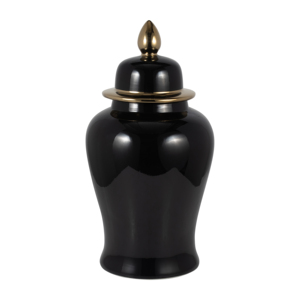 Vaso decorativo in ceramica nero con coperchio dorato per soggiorno o ufficio - Product Image 1