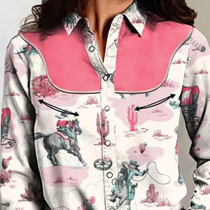 Camisa Retro Occidental de <span class=keywords><strong>Manga</strong></span> Larga con Botones para Mujer, Estilo Vintage con Estampado de <span class=keywords><strong>Caballos</strong></span> y Cactus, Transpirable, Informal, para Verano e Invierno - Product Image 1
